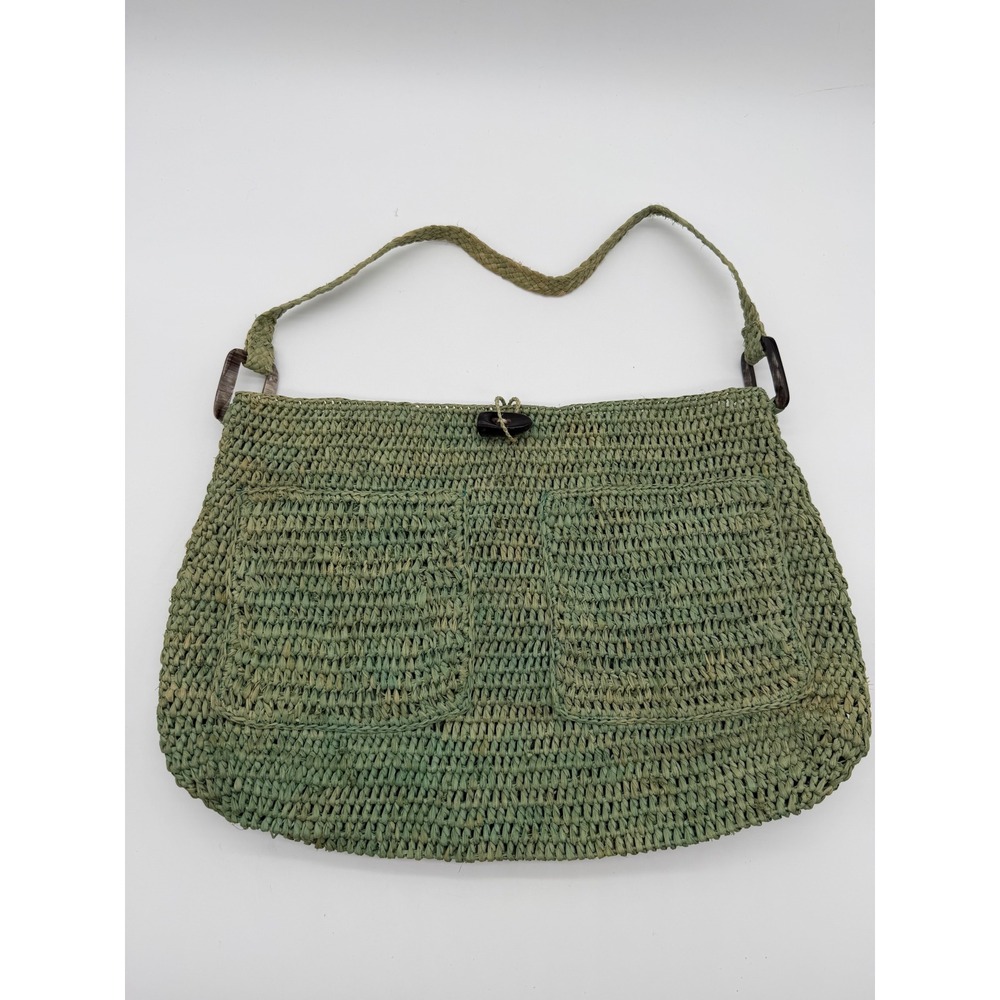 Annabel Ingall Green Raffia Woven Shoulder Bag Handcrafted Toggle Boho Vintage